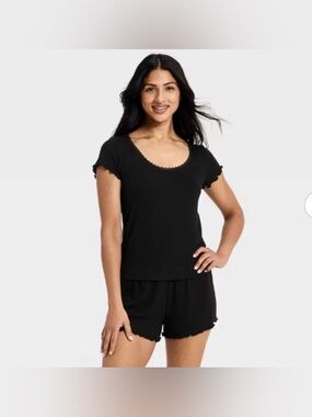 Women's Pointelle Short Sleeve Shirt and Shorts Pajama Set - Auden™ Black
M